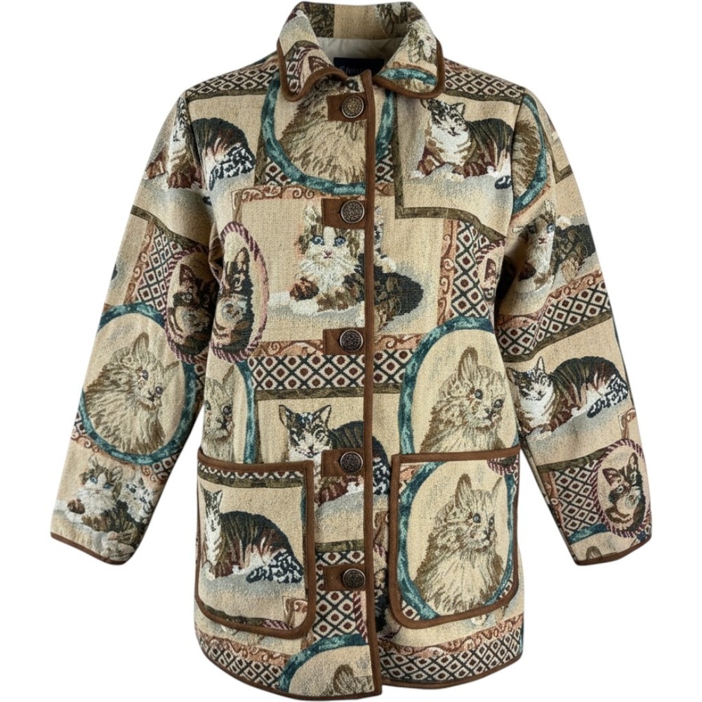 Blair Women Brown Tapestry Cat Portrait Button Front Chore Jacket M Grandmacore